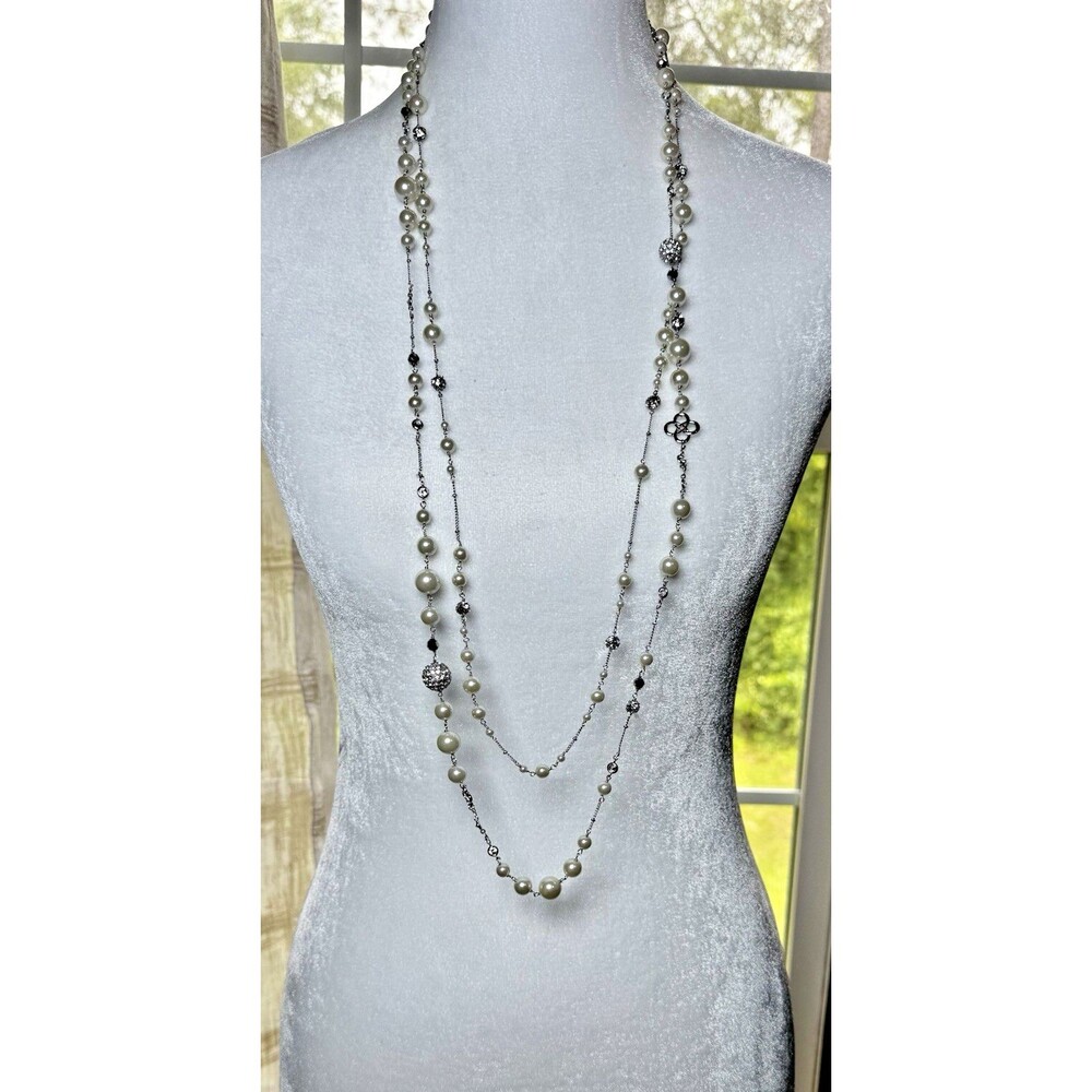Stella & Dot Madeline Faux Pearl Necklace Two Strand Silver Tone Sparkling 38”